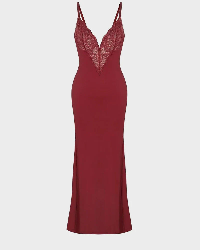 Deep-V Lace High-Slit Maxi Dress with Built-In Shapewear - Image 11