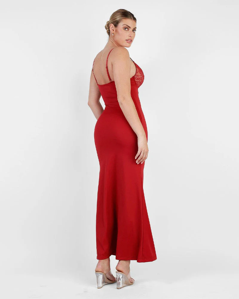 Deep-V Lace High-Slit Maxi Dress with Built-In Shapewear - Image 9