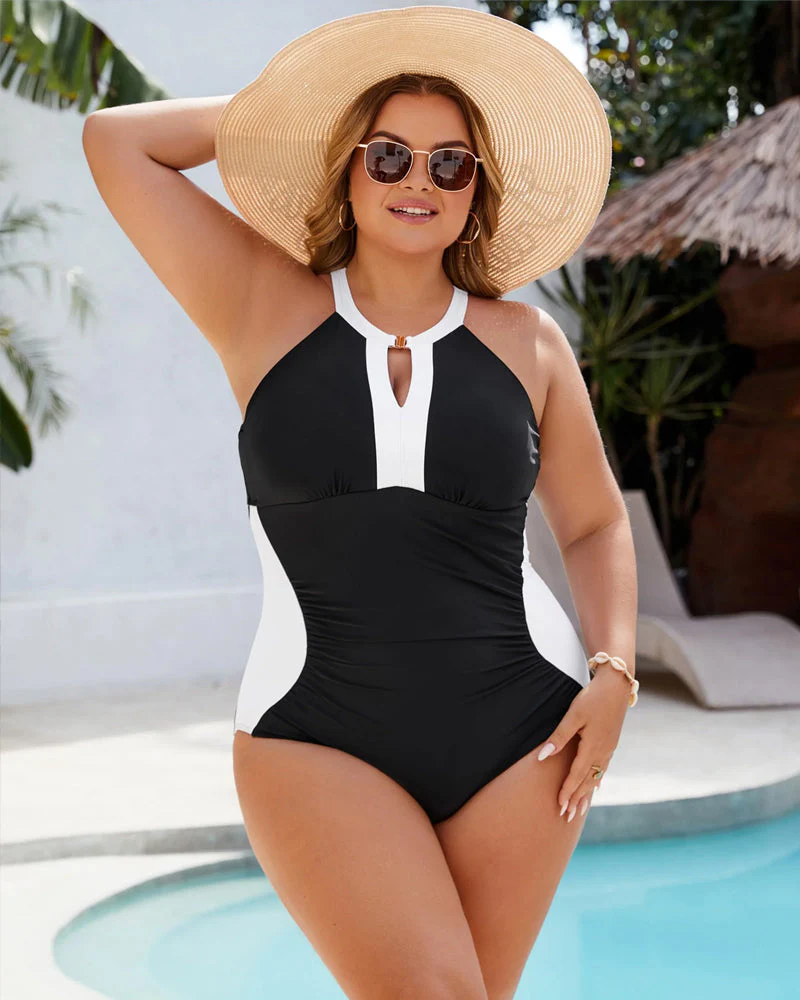 Full Coverage Retro Color Block Swimwear - Image 4