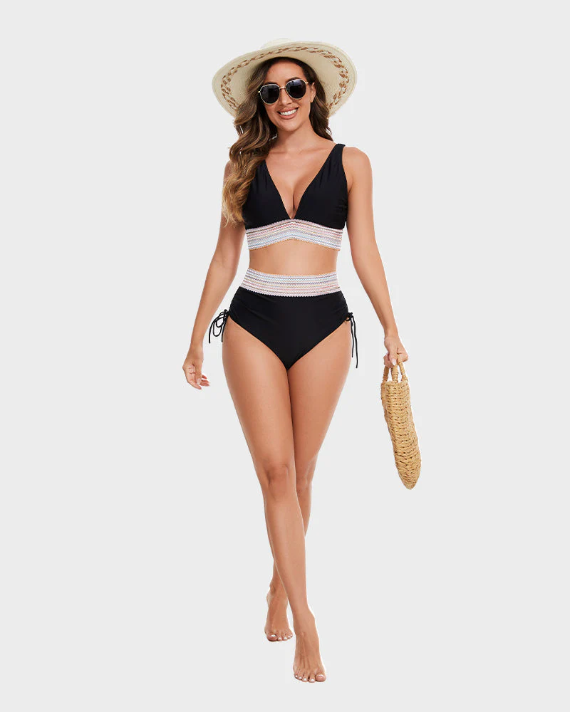High Waisted Tummy Control Color Block Bikini Sets - Image 11