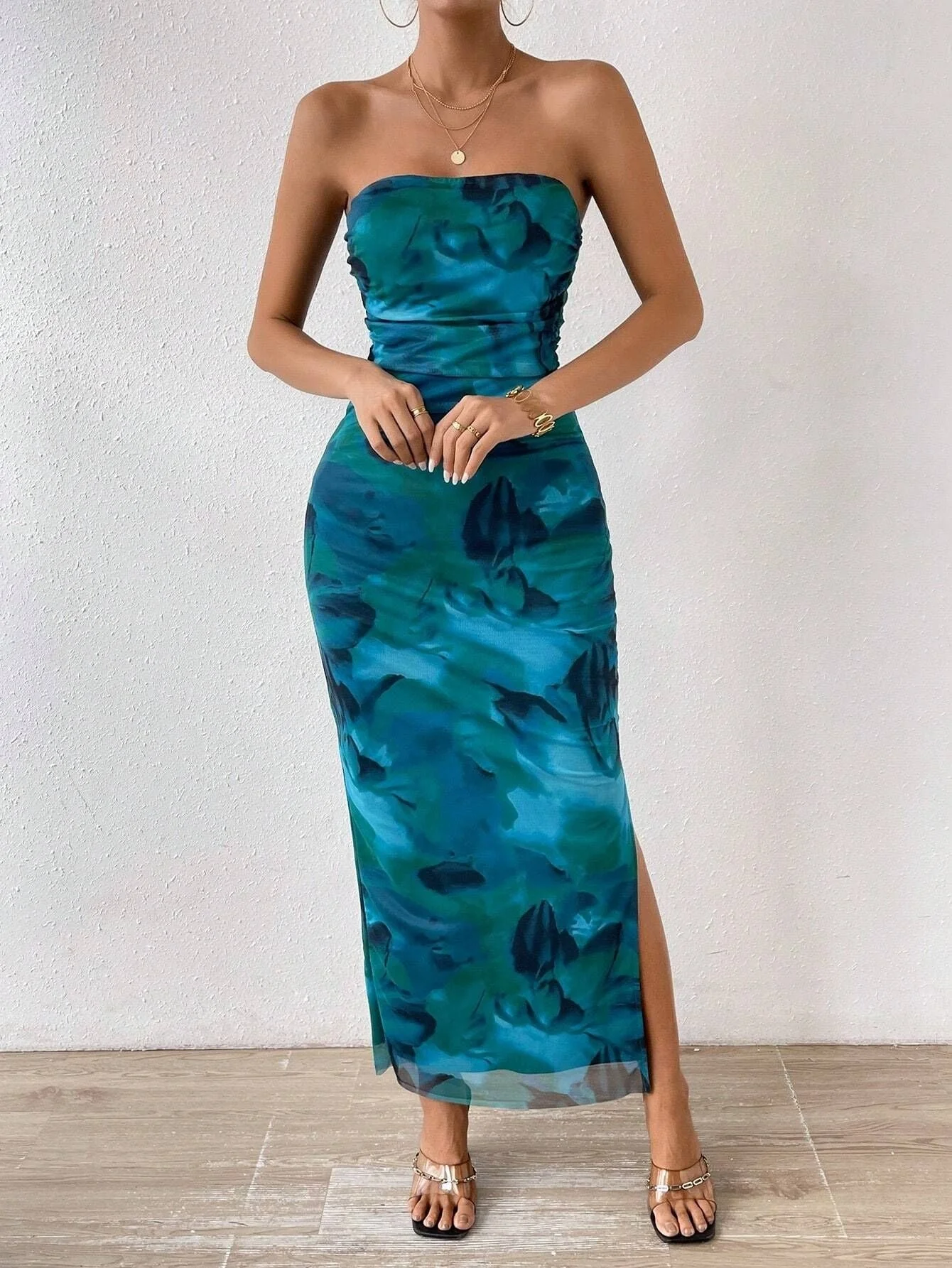Mesh Floral Pleated Sexy Tight Split Strapless Tube-length Dress - Image 22