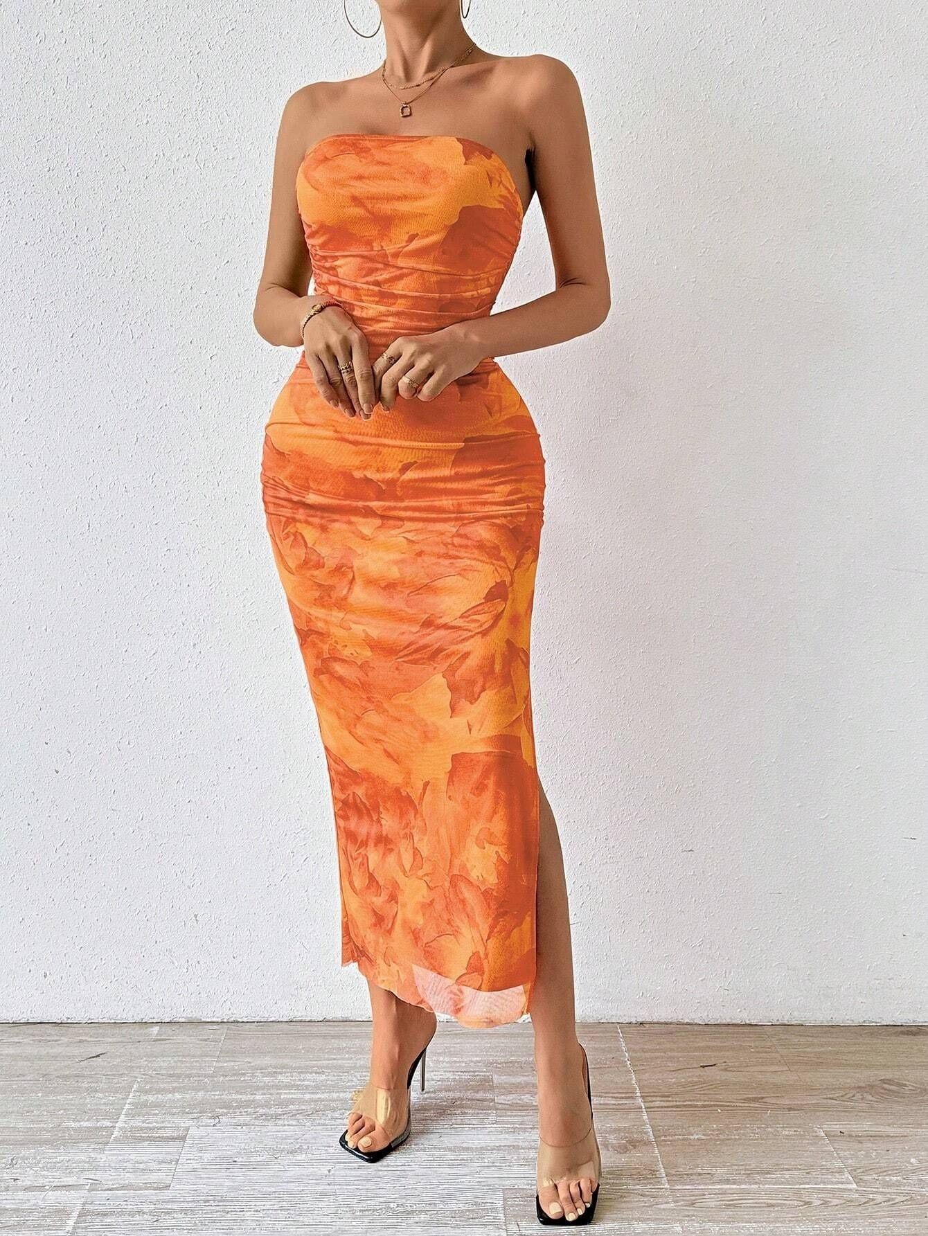 Mesh Floral Pleated Sexy Tight Split Strapless Tube-length Dress - Image 25