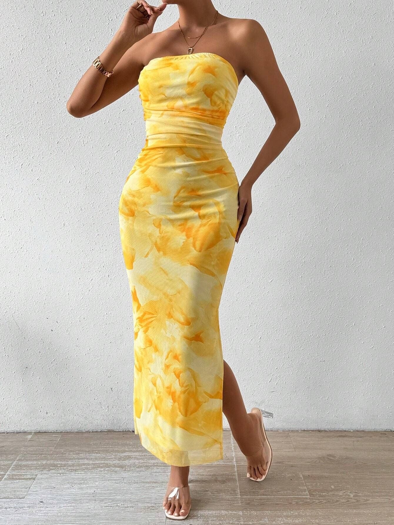 Mesh Floral Pleated Sexy Tight Split Strapless Tube-length Dress - Image 26