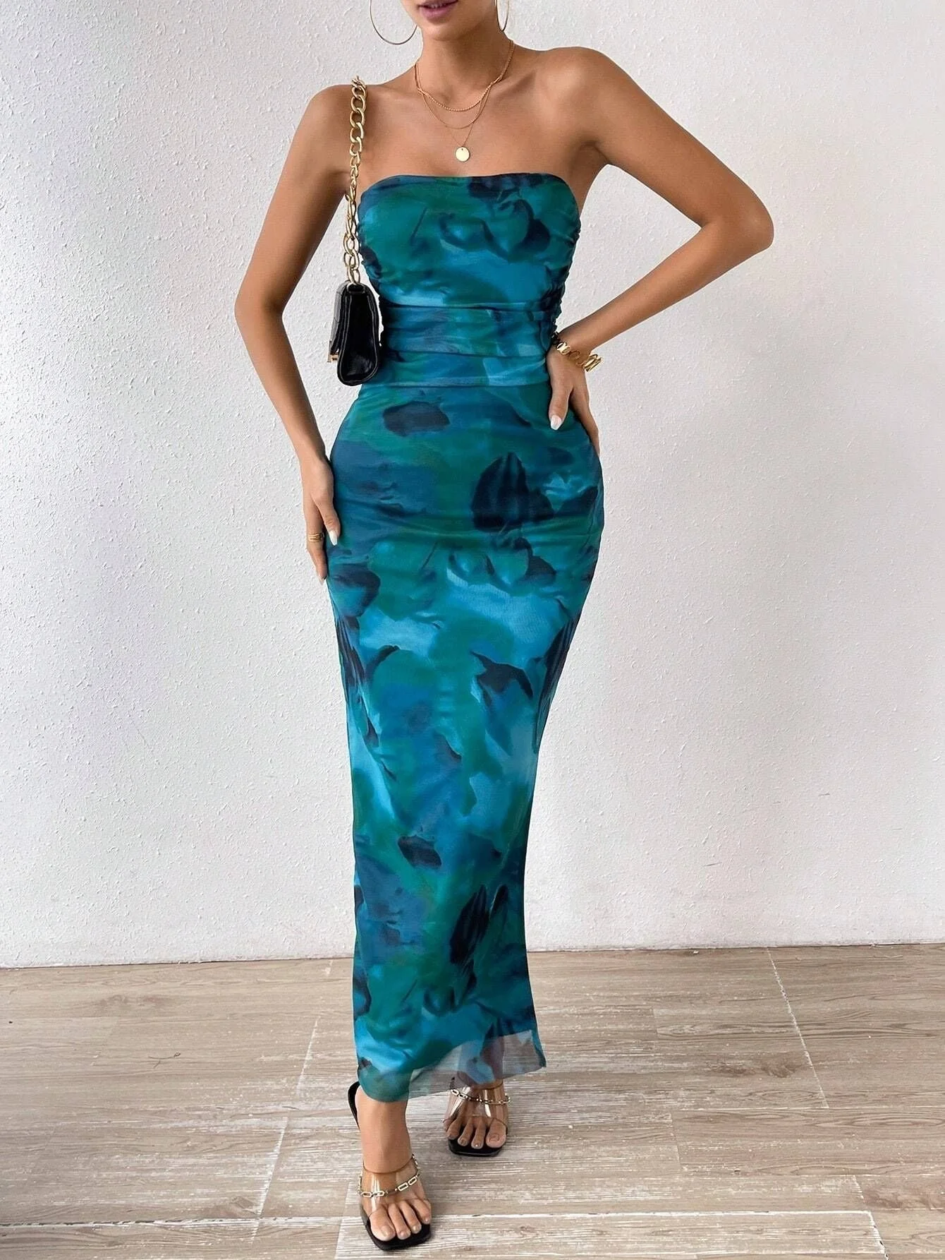 Mesh Floral Pleated Sexy Tight Split Strapless Tube-length Dress - Image 32