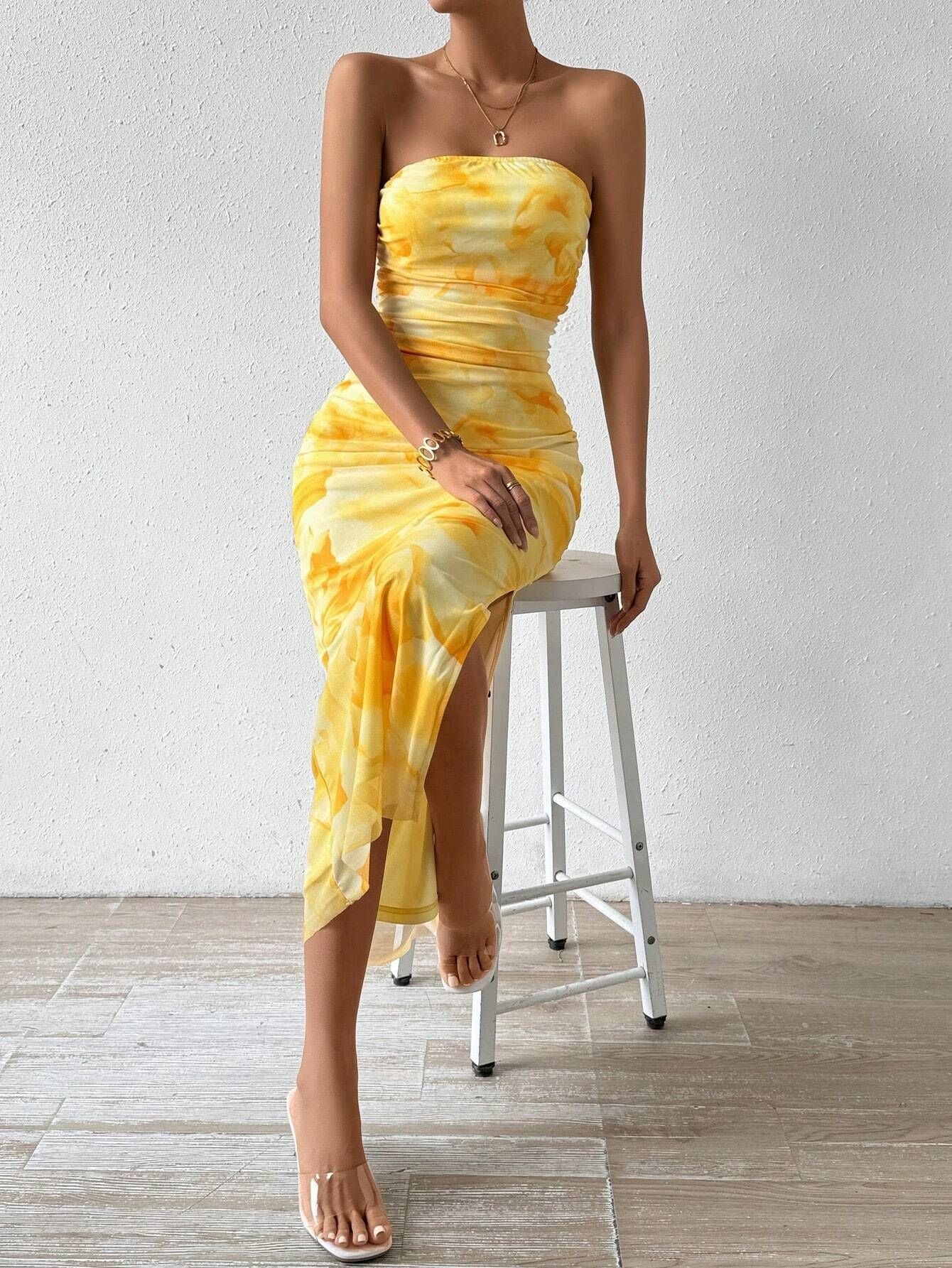 Mesh Floral Pleated Sexy Tight Split Strapless Tube-length Dress - Image 34