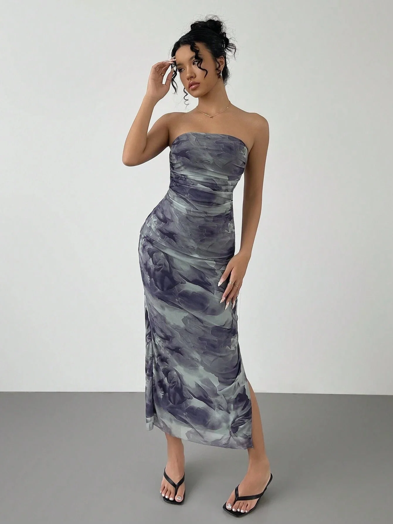 Mesh Floral Pleated Sexy Tight Split Strapless Tube-length Dress - Image 6