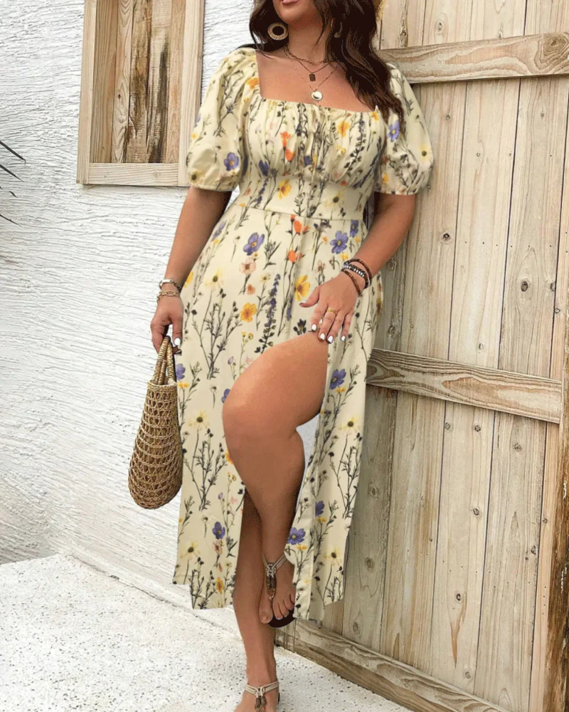 Women's Plus Size Temperament Slimming Split Floral Dress - Image 3