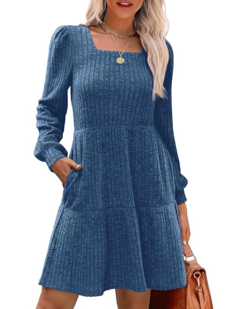 Womens Square Neck Long Sleeve Fall Dresses Casual Babydoll Sweater Dress - Image 16